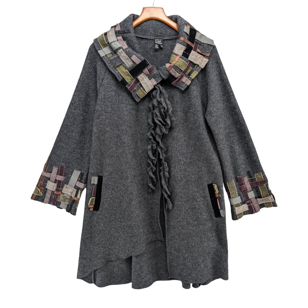 CoVelo Boiled Wool Jacket Womens Charcoal Grey Mid Length Art Ribbon Boho Size M